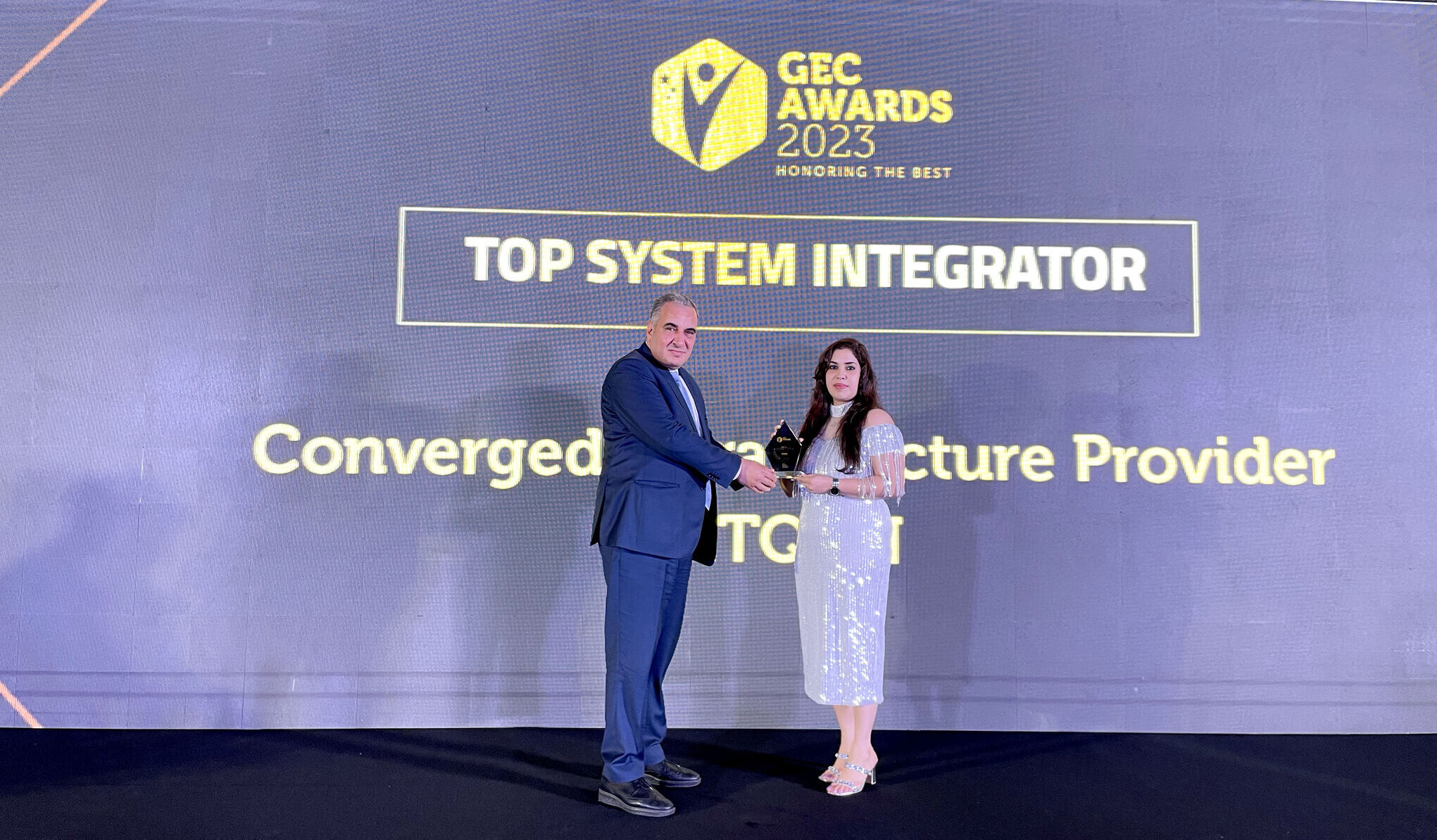 Mr. Feras Al Jabi, General Manager of ITQAN, proudly receiving the Best System Integrator award at the GEC Awards 2023.