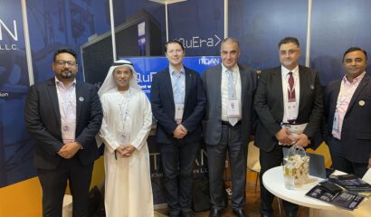 ITQAN Al Khaleej booth at Quantum Innovation Summit in partnership with QuEra. Ali Jaber Al Yafei, Feras Al Jabi, Bassem Moustafa, Mohamed Aslam and Marketing Manager Goher Ali Rizvi are in picture